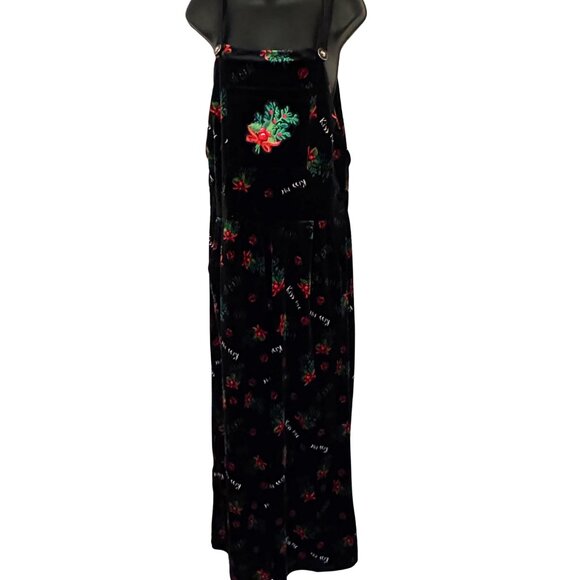 Xhilaration Mistletoe Black Velvet Holiday Overalls Jumpsuit Embroidered Large - Picture 9 of 9